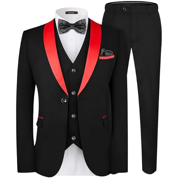 MAGE MALE Mens 3-Piece Suit Shawl Lapel One Button Tuxedo Winter Fabric Slim Fit Premium Dinner Jacket Vest Pants & Tie Set
