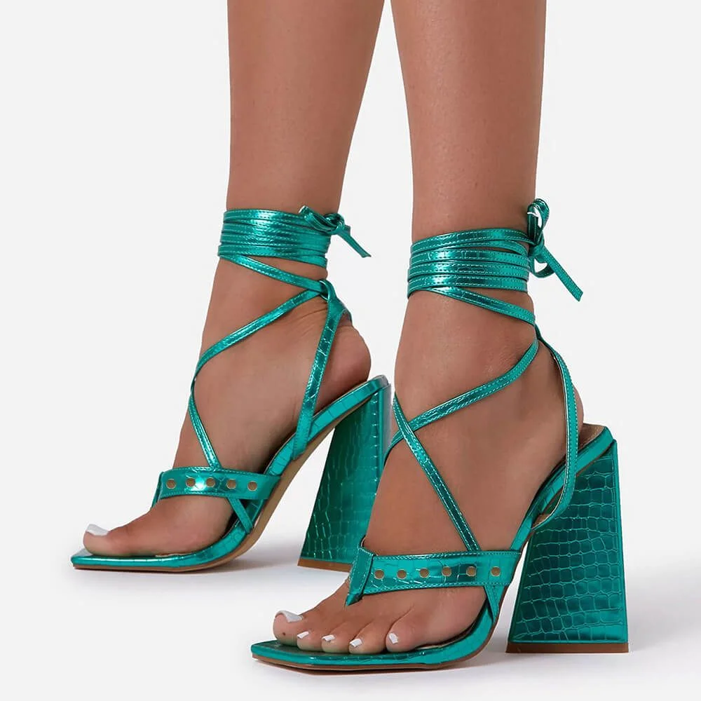  Pumps Square Toe Green Lace Up Strap Chunky Heels Nicepairs