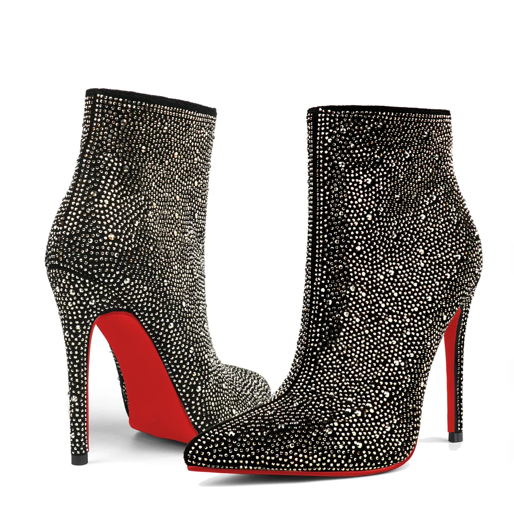 120mm Women's Ankle Boots Red Bottom Shoes With Rhinestone Closed Pointed Toe Stilettos Party Booties-MERUMOTE