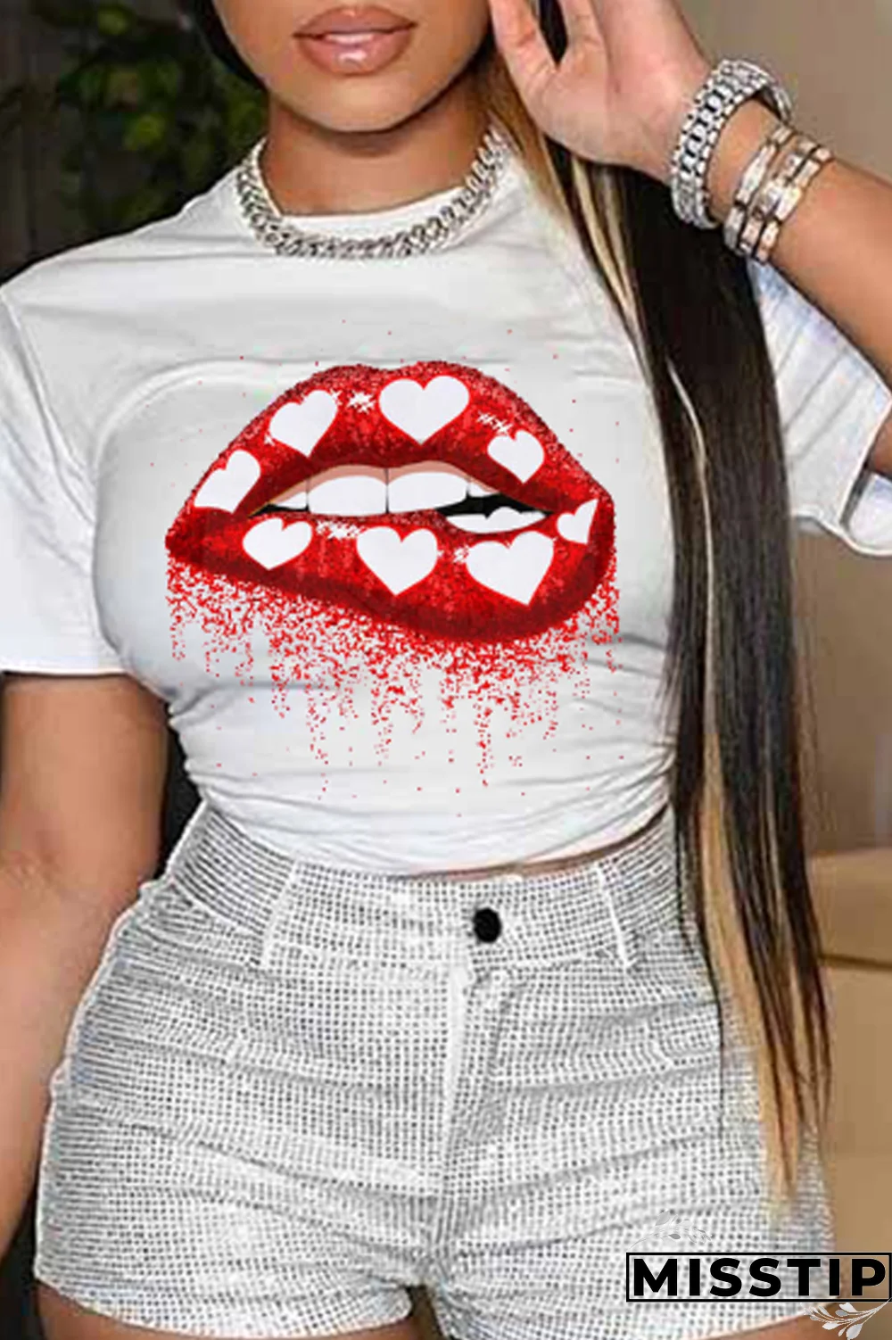Black Street Lips Printed Patchwork O Neck T-Shirts