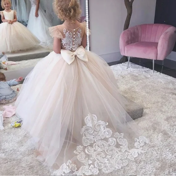 Ball Gown Flower Girl Dresses with Back Buttons Bow Tulle Princess Dress for Girls