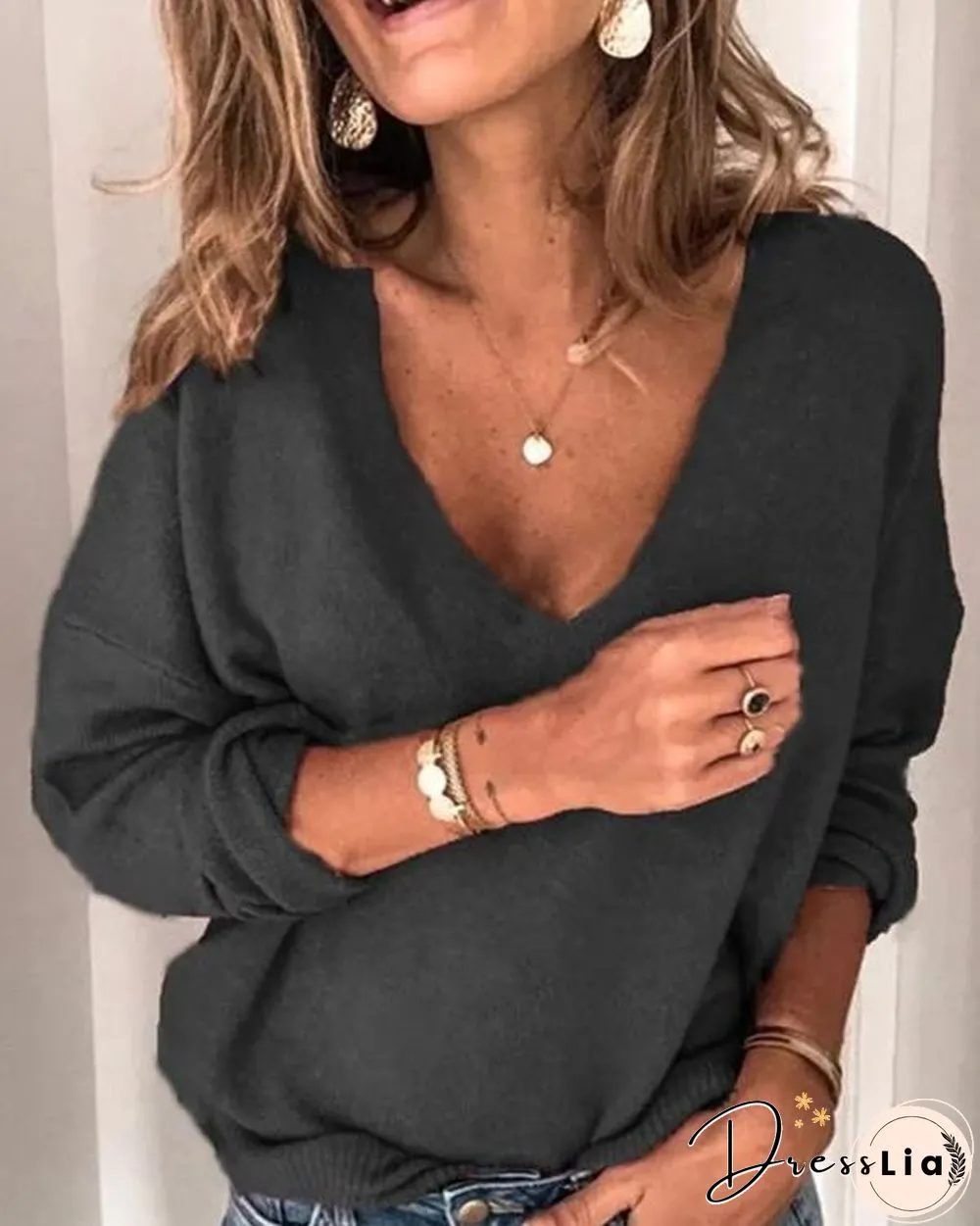 Plus Size Casual Solid V Neck Long Sleeve Sweater