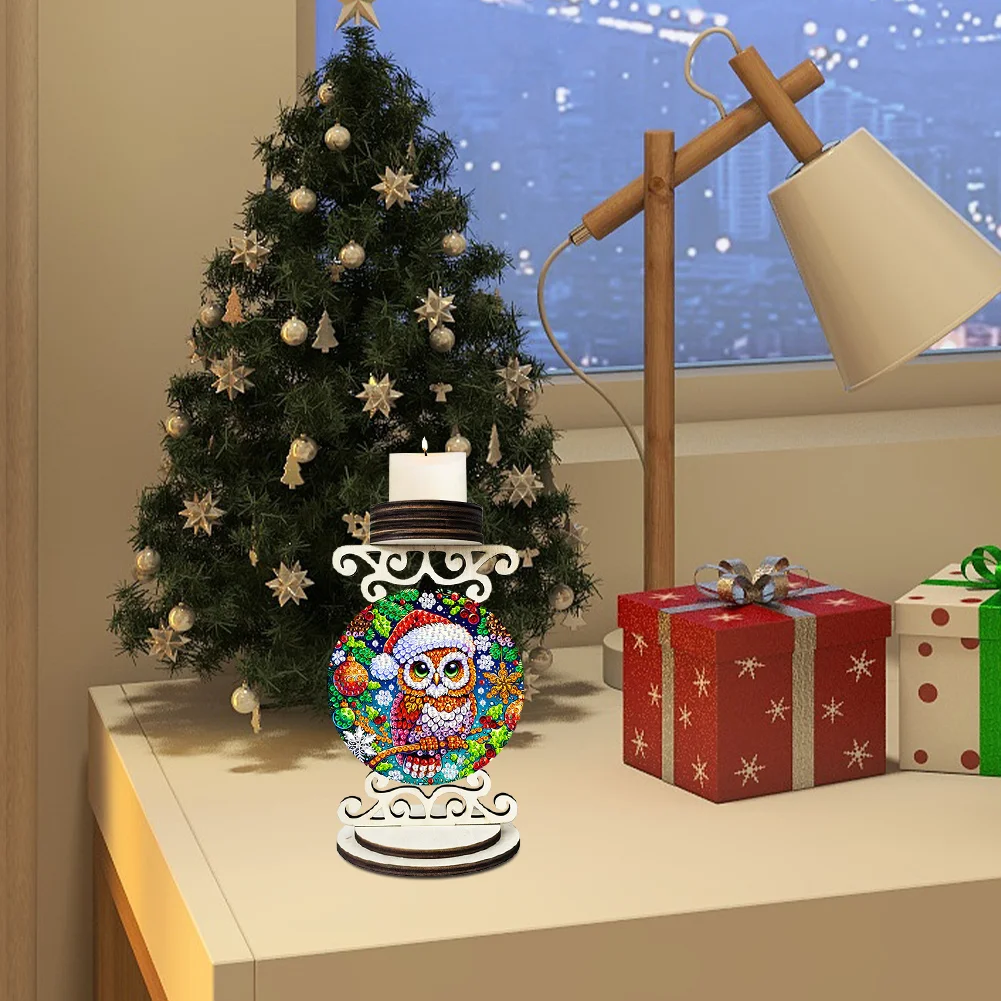 5D DIY Owl Wooden Special Shaped Christmas Theme Diamond Painting Candle Holder