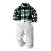 Kid Baby Boy Bow Tie Long Sleeve Plaid Set 2 Pcs