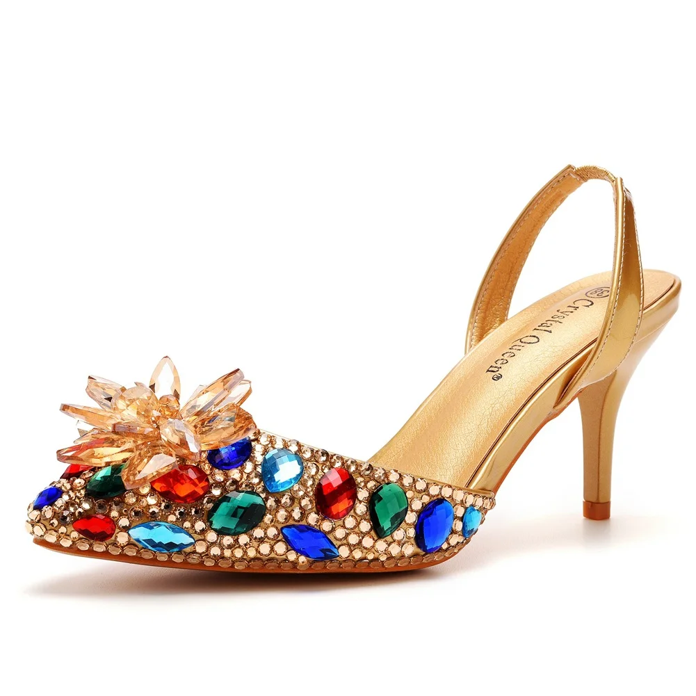 Breakj Breakj Cm Colorful Gold Light-Headed Sandals Water Drill Glass Fine Heel Sandals Large Size Bride Wedding Shoes Women