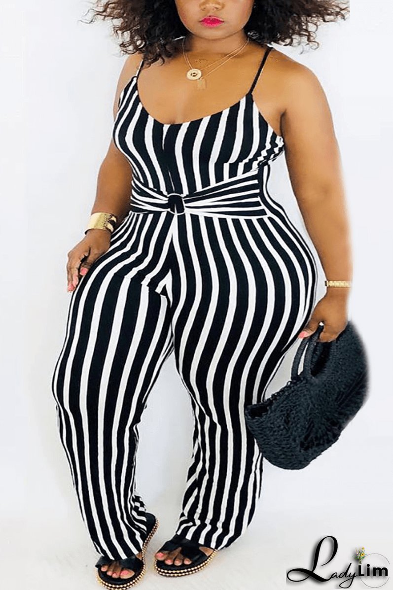 Fashion Sexy Spaghetti Strap Striped Plus Size Jumpsuit