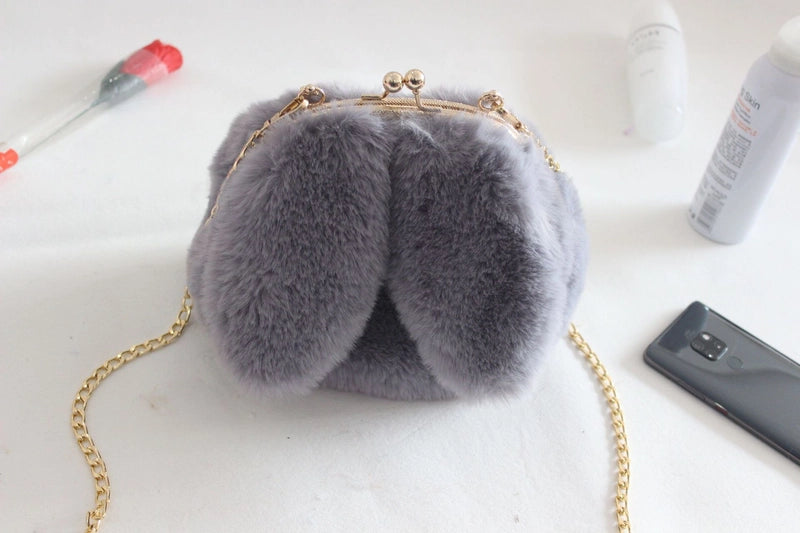 Women’s Plush Rabbit Solid Color Cute Round Lock Clasp Handbag Crossbody Bag