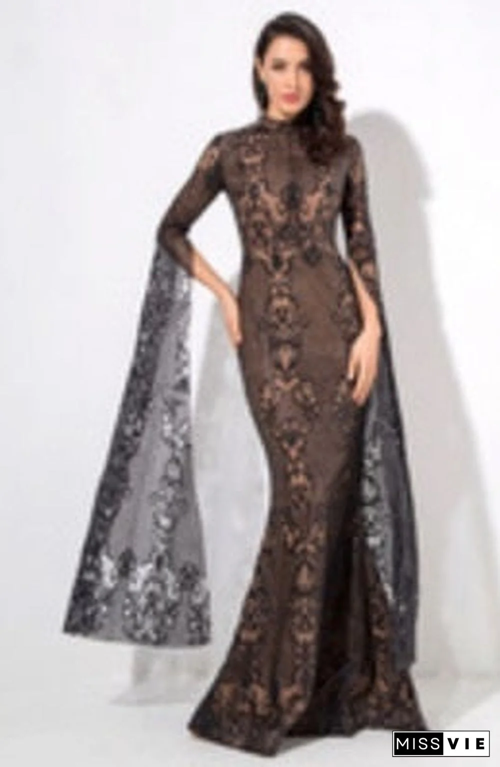 Rose Gold Cut Out Speaker Long Sleeve Geometry Glitter Glued Long Dress LM80950