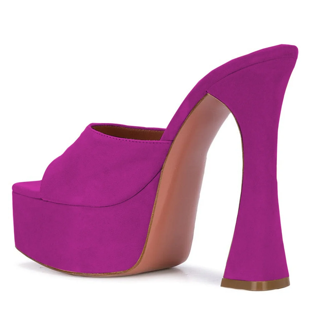 Wide Strap Square Toe Purple Platform Flared High Heeled Mules