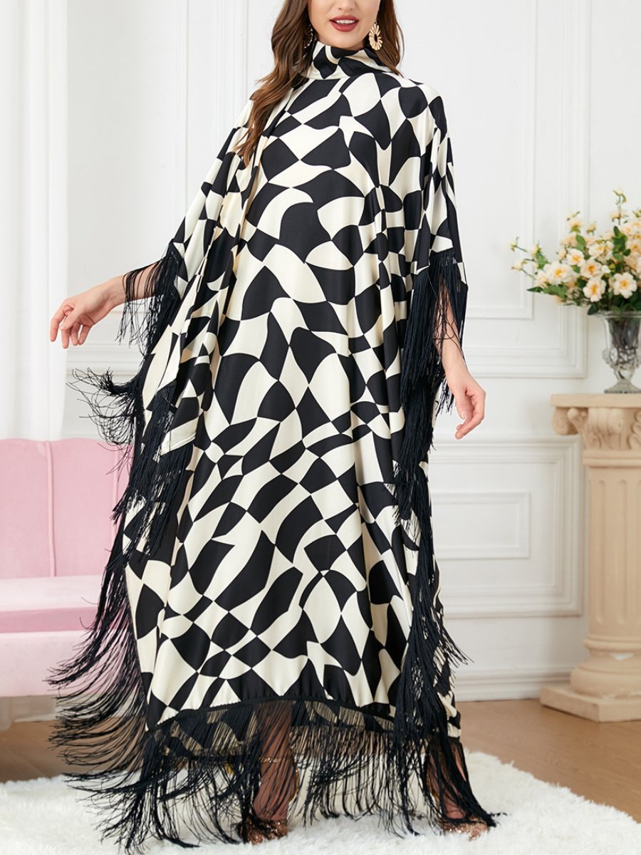 Tassels Design Geometry Pattern High Neck Long Sleeve Dress | Oxredo Shop Ramadan Sale