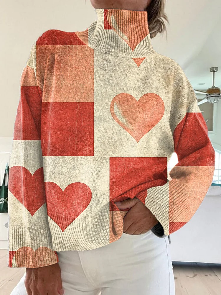 Valentine's Day Vintage Love Art Print Knit Turtleneck Pullover Sweater
