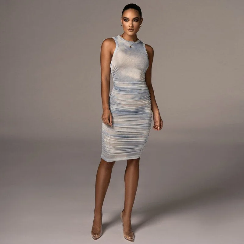 Hugcitar 2020 Sleeveless Tie Dye Ruched Skinny Midi Dress Autumn Winter Women Fashion Sexy Party Club Elegant Clothings