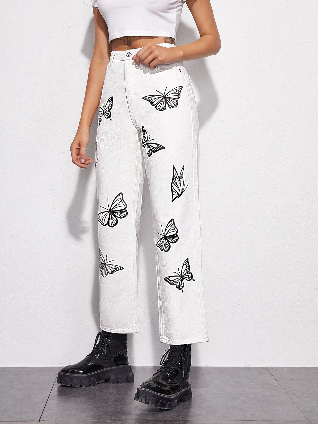 High Waisted Butterfly Print Mom Jeans