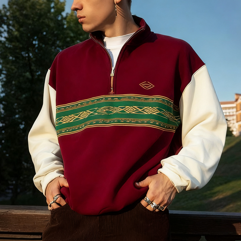 Men's Loose Casual Retro College Style Half-open Collar Stitching Printed Sweatshirt