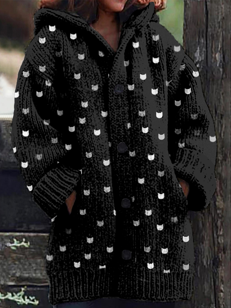Comstylish Cute Little Kitty Pattern Cozy Hooded Knit Cardigan
