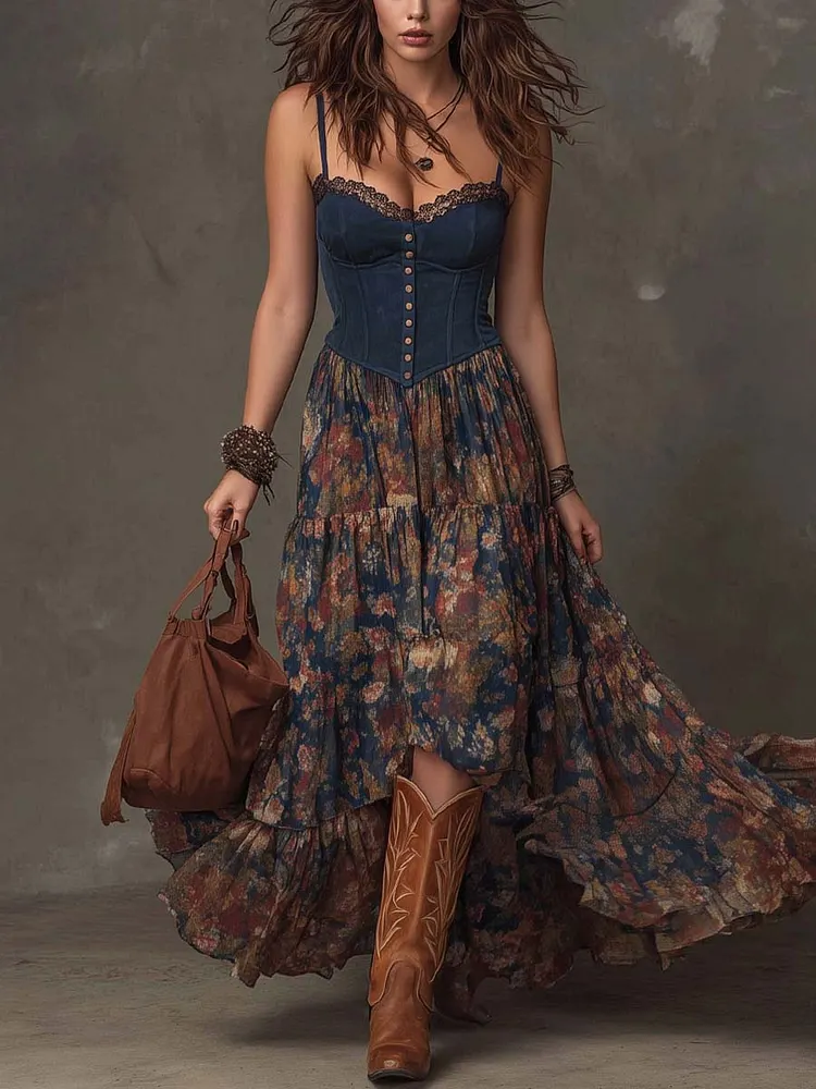 Retro Polyester Suede Oil-Painting Style Floral Print Maxi Dress