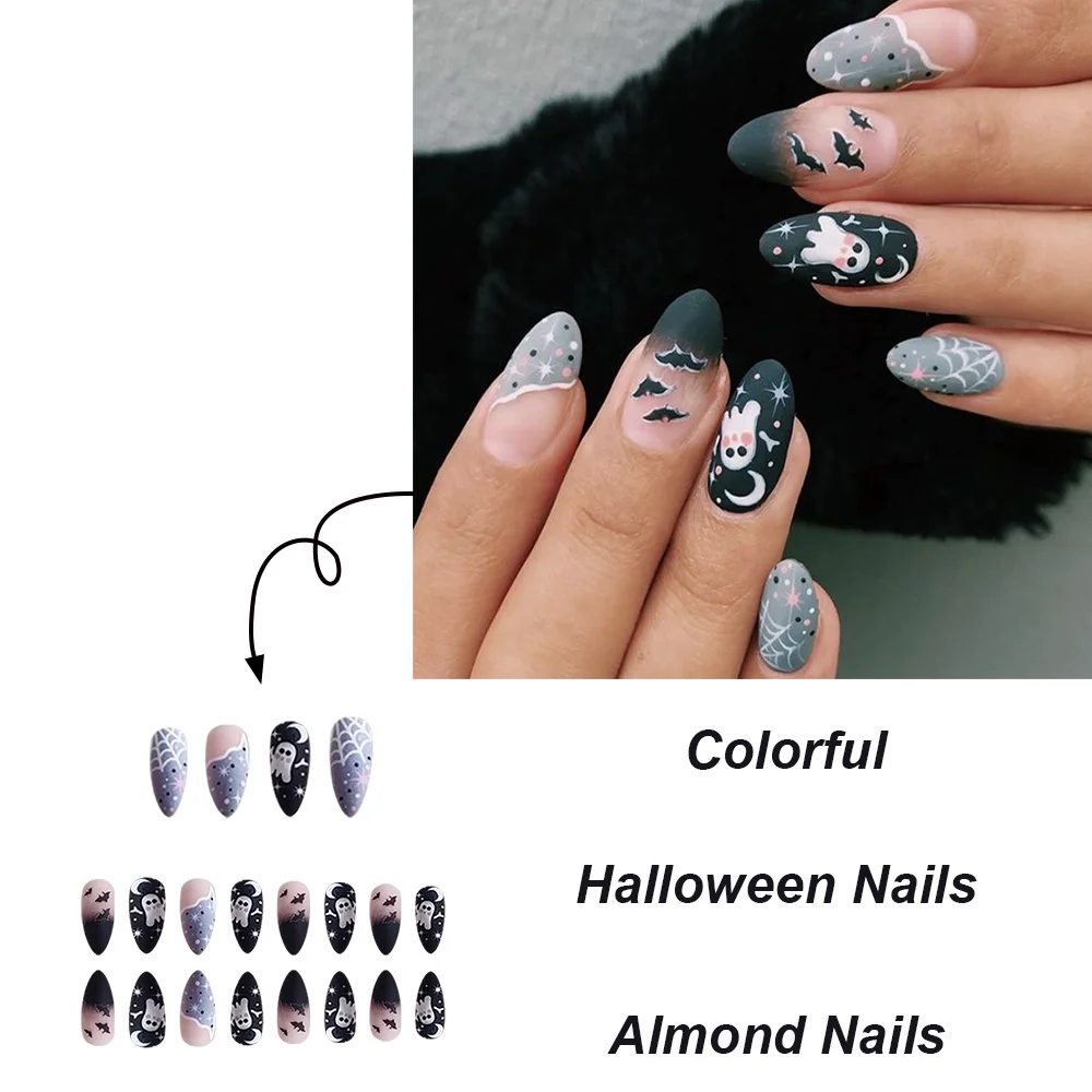 Churchf Churchf Almond Nail Scrub Spider Web Ghost Bat Halloween Element Fake Nail Finished Wear Armor Holiday Nail