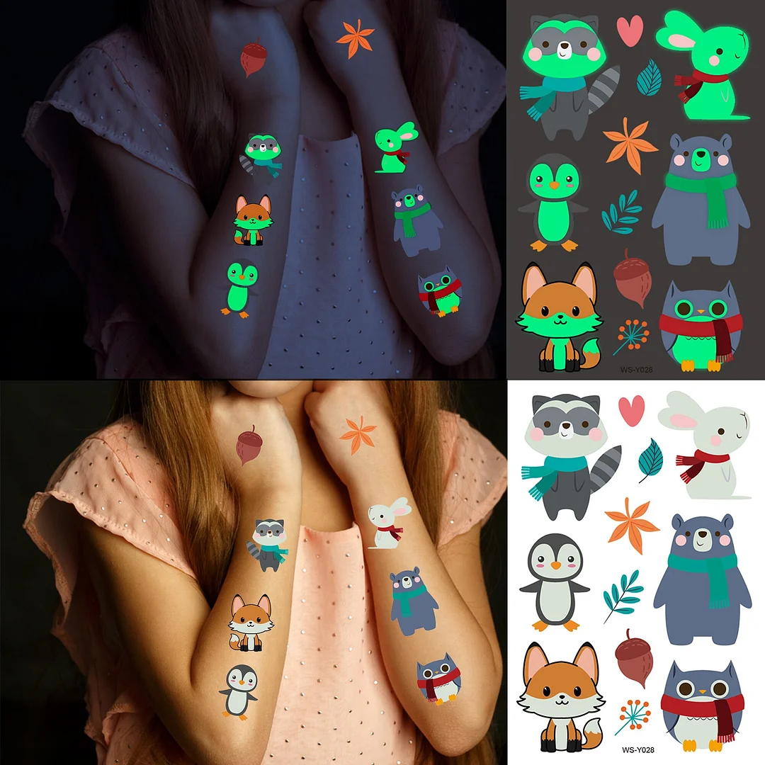 Sdrawing Glow In The Dark Temporary Tattoos For Kids Boys Kids Fake Luminous Tattoo Flash Animal Cartoon Party Favor Set Glowing Zoo