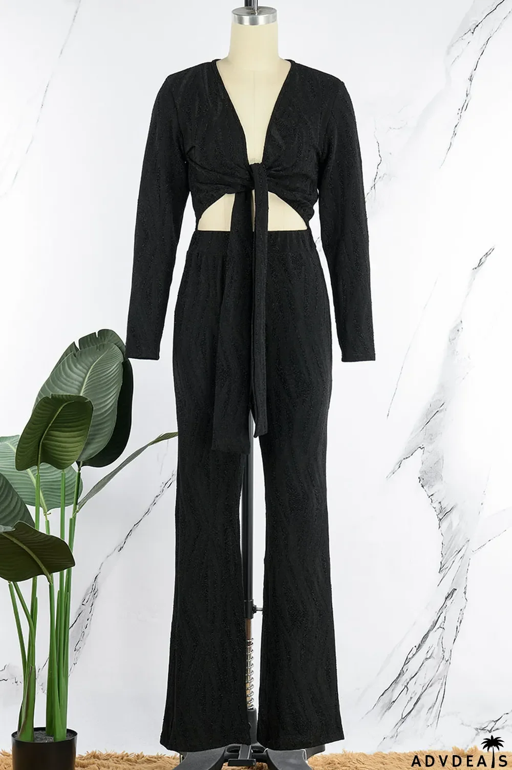 Black Sexy Print Bandage Patchwork V Neck Long Sleeve Two Pieces