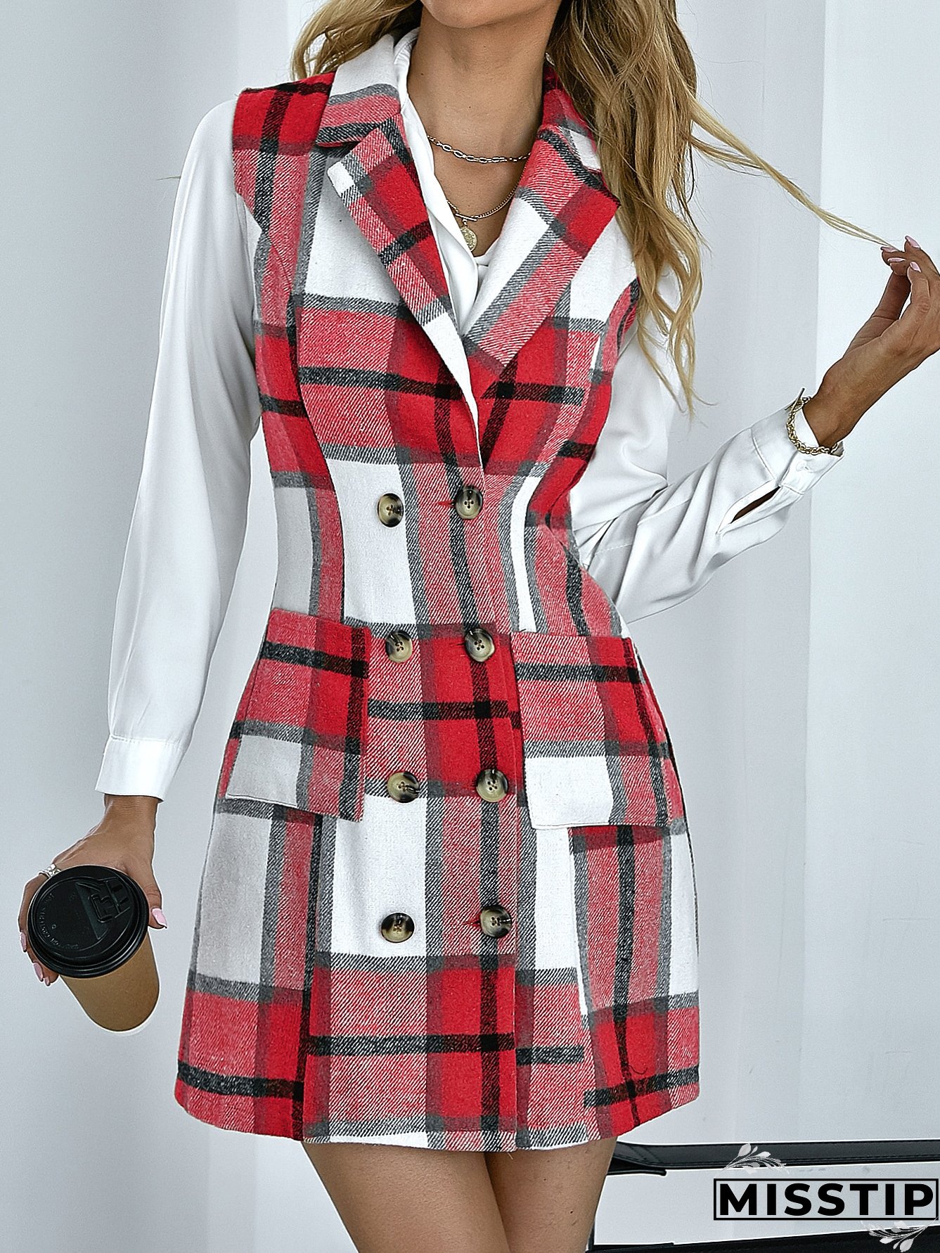 Women's Fashion Plaid Long Vest Turndown Collar Sleeveless Blazer