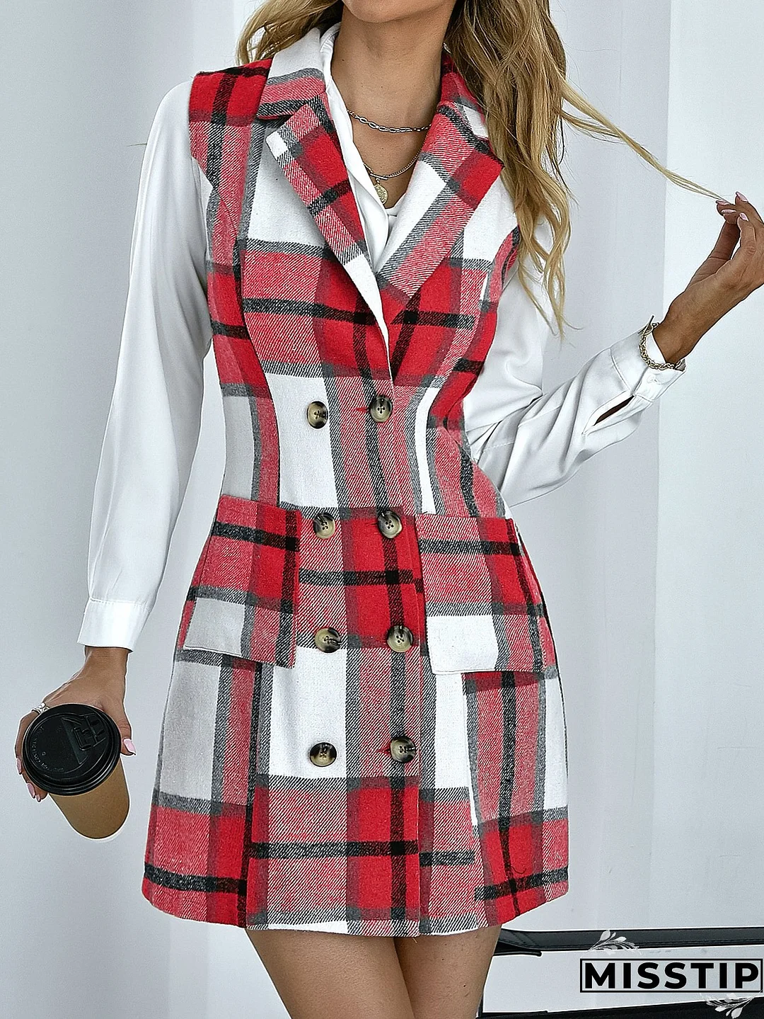 Women's Fashion Plaid Long Vest Turndown Collar Sleeveless Blazer