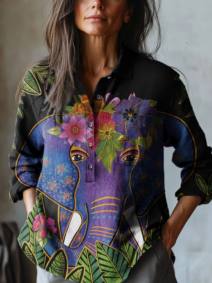 Women's Vintage Floral Elephant Art Print Casual Cotton And Linen Shirt