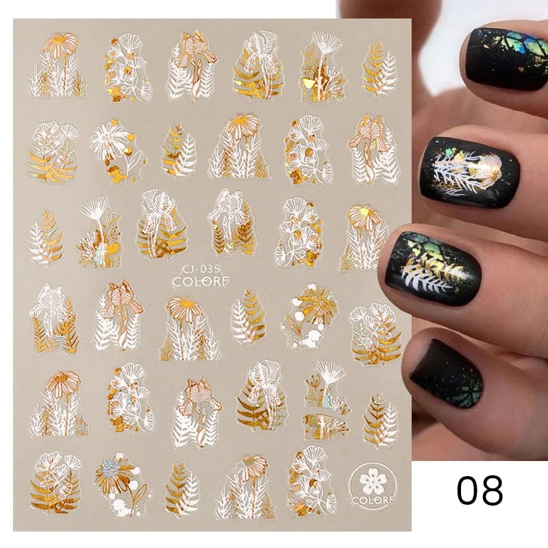 1 Pc White Gold Laser Leaves 3D Nail Stickers Leaf Cute Spring Sliders for Nails Flowers Adhesive Sticker Nail Art Design Decal-Nail Inspo