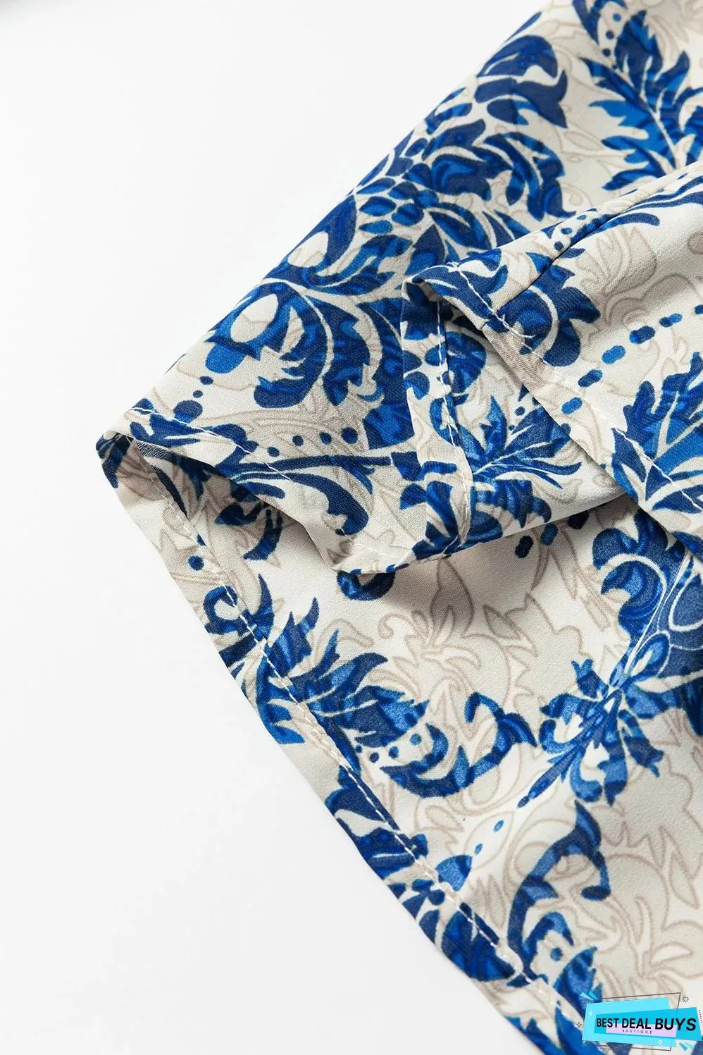 Sky Blue Bohemian Printed Bishop Sleeve Lace Shirt