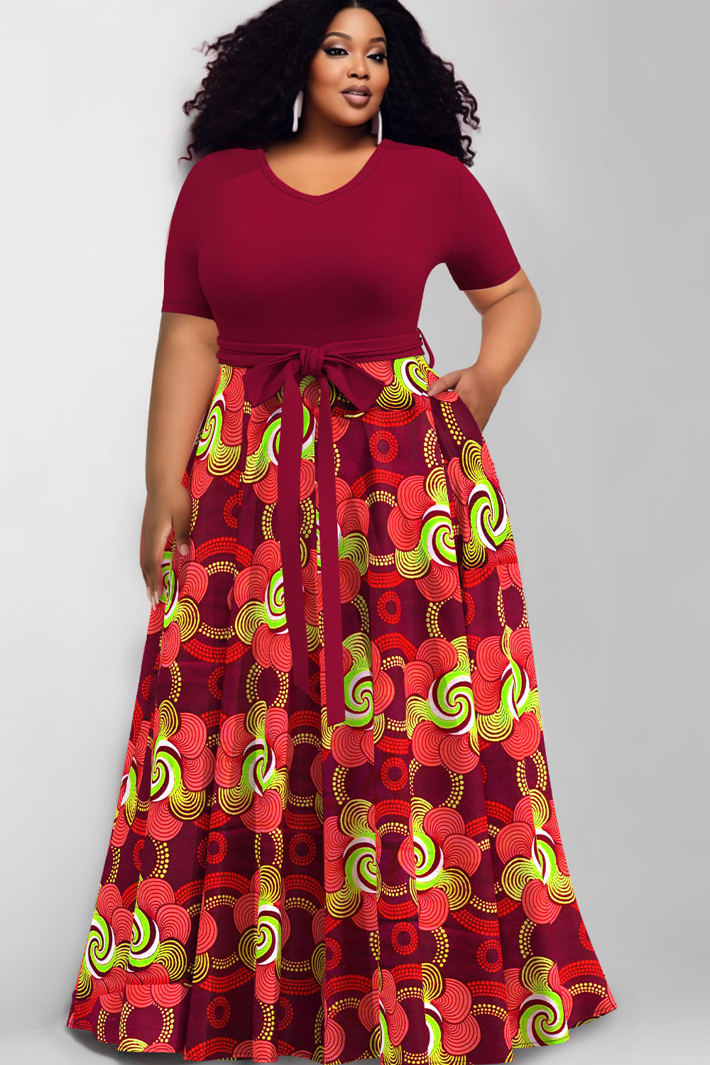 Design Plus Size Casual Red Pattern Print V Neck Short Sleeve Wrap Pocket Maxi Dress [Pre-Order]