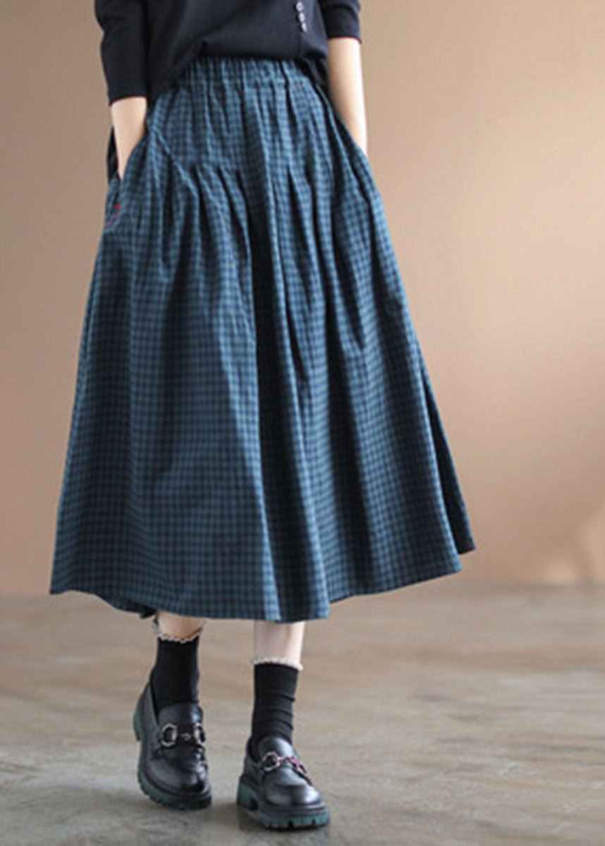 Handmade Blue Plaid Elastic Waist Pockets Fall Skirt CK2097- Fabulory