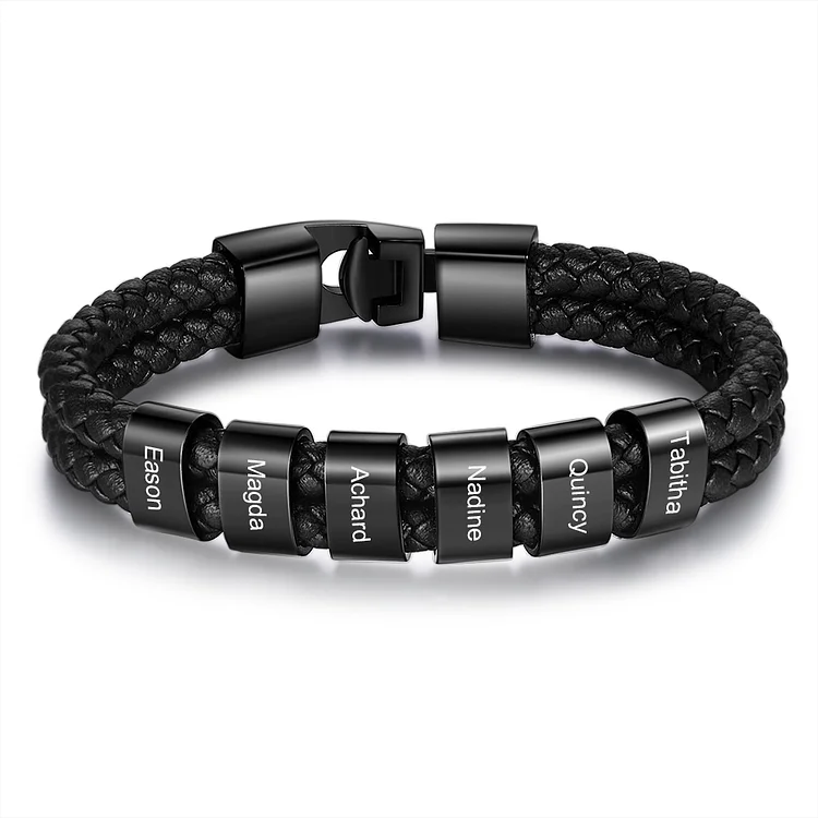 Men Leather Bracelet with 6 Beads Custom Two Layers Bracelet Black