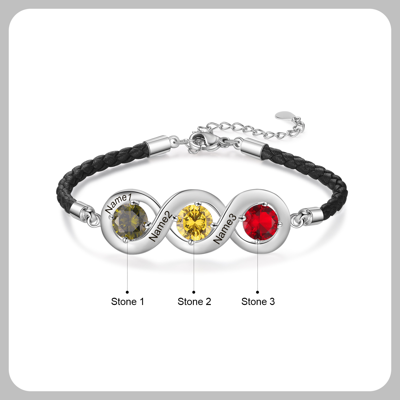 Braccialetto infinito personalizzato con 3 nomi e 3 pietre di nascita regalo per donna