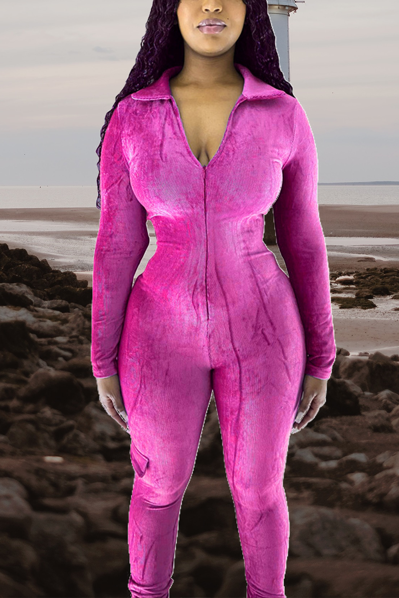 Fuchsia Casual Solid Split Joint Turndown Collar Skinny Jumpsuits
