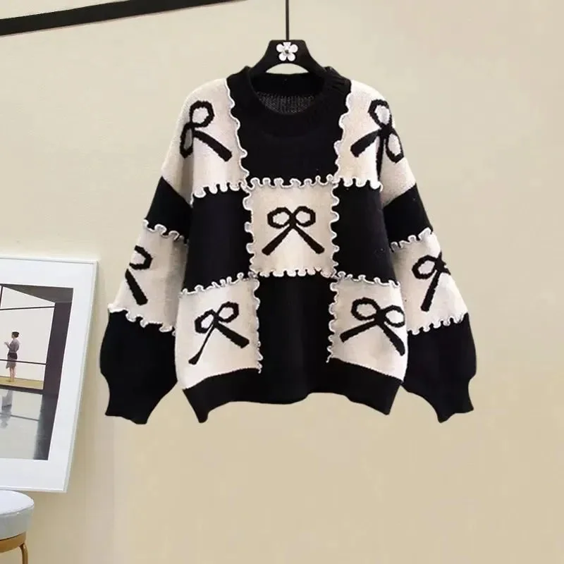 Toloer Bow Checkered Patchwork Sweater-Outfit Ideas