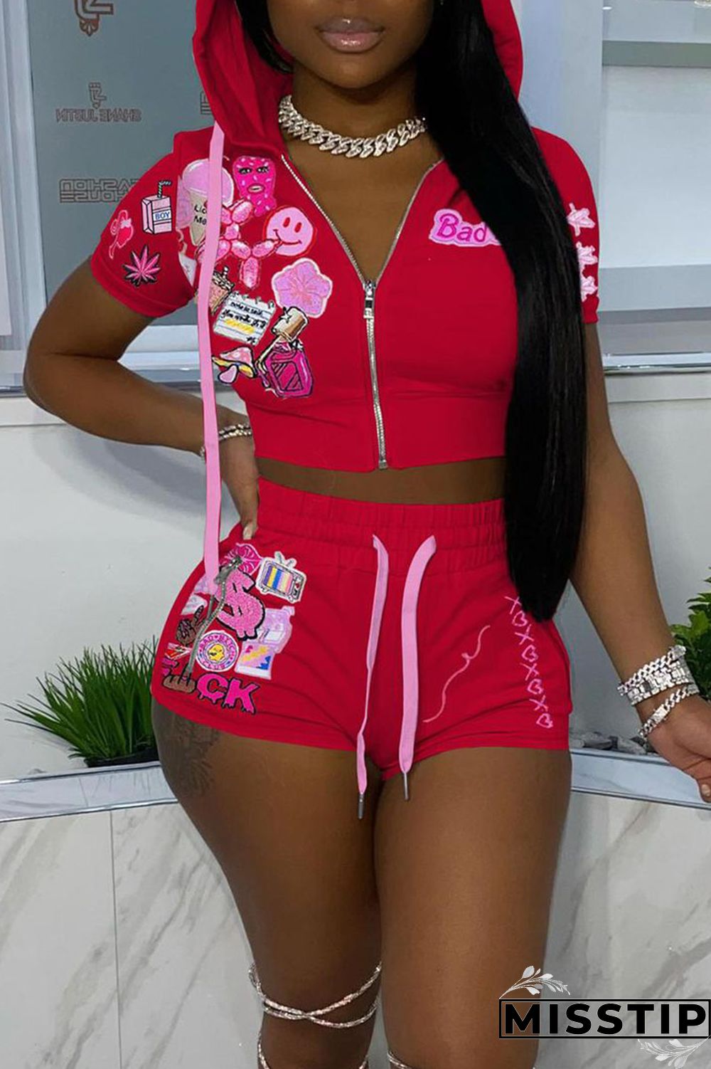 Green Casual Street Print Patchwork Zipper Hooded Collar Short Sleeve Two Pieces