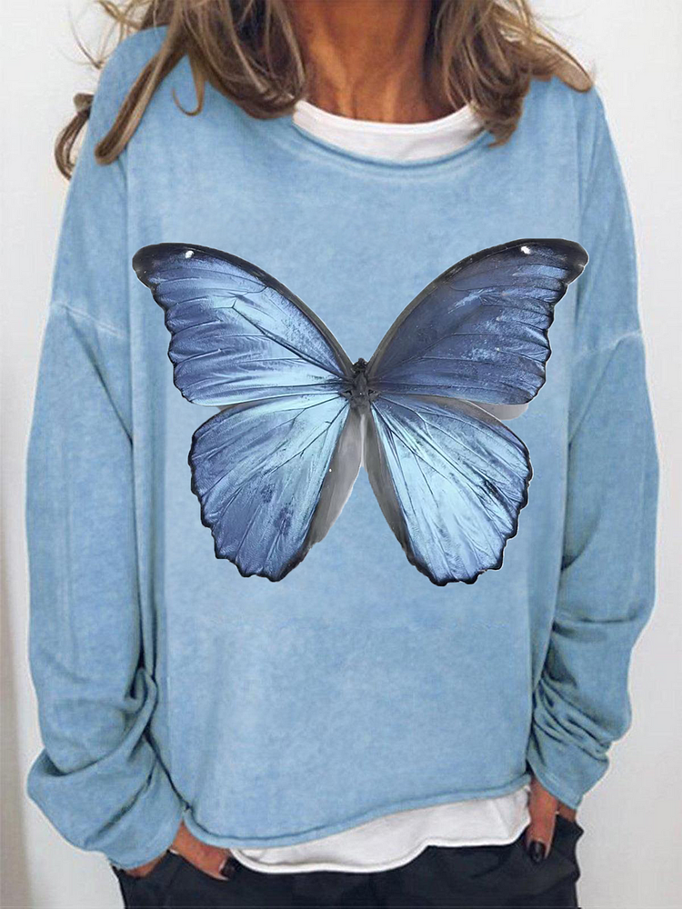 Women's Vintage Butterfly Blue Dream Print Sports Illustration Crewneck Sweatshirt