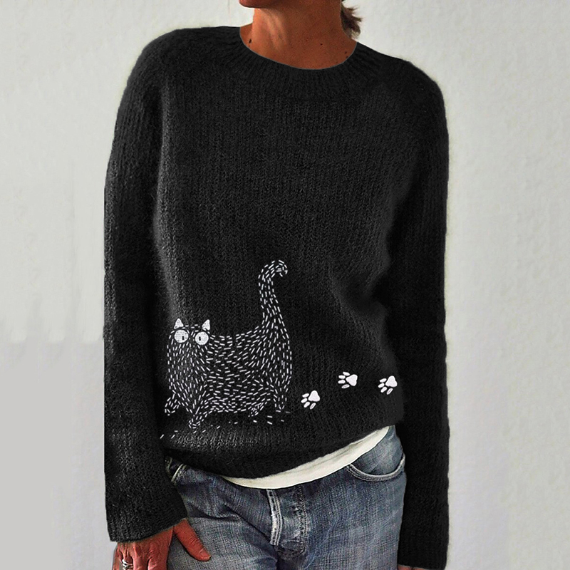 Comstylish Fuzzy Cat & Paw Prints Embroidered Cozy Knit Sweater