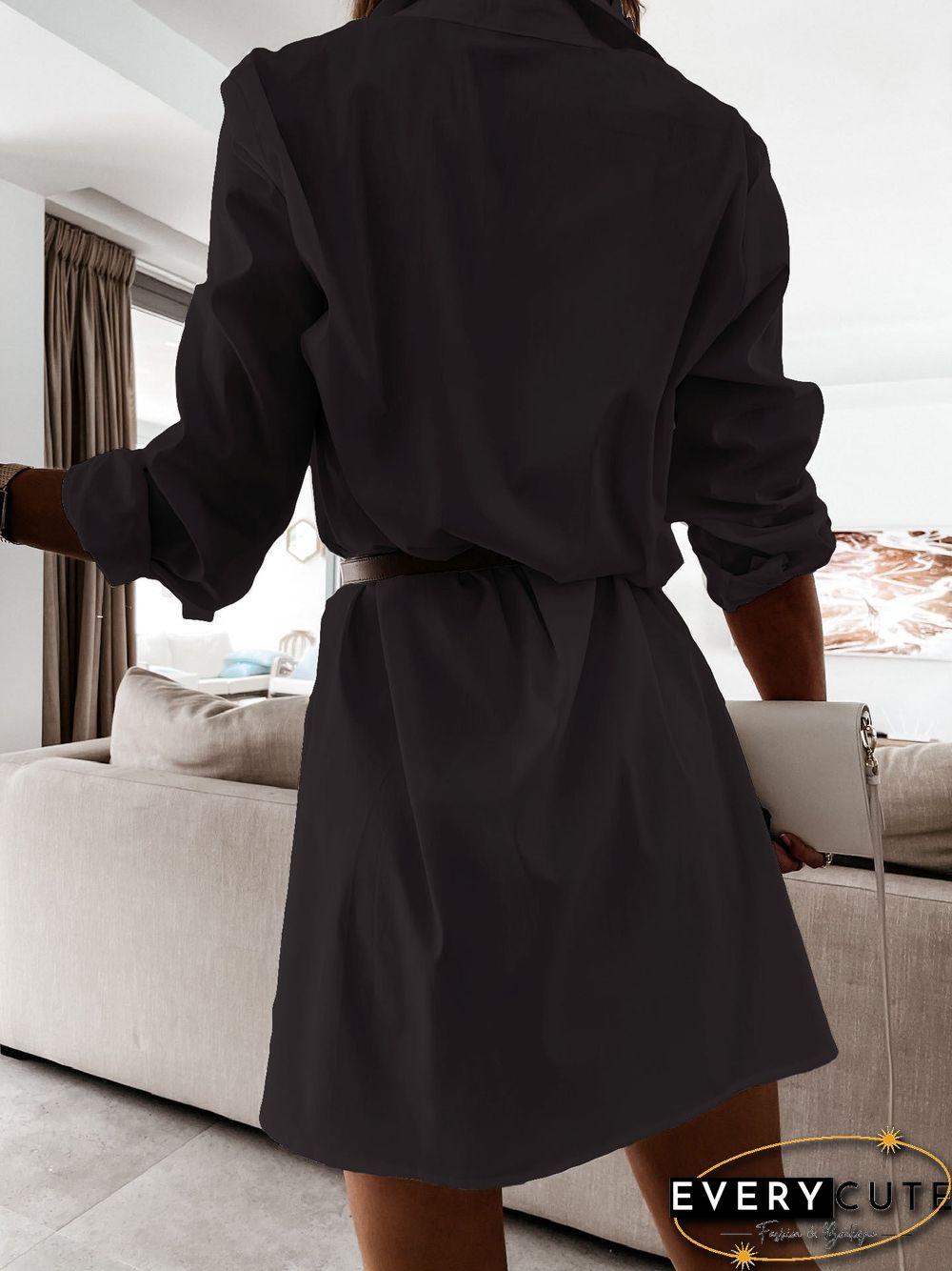 Women'S Dresses Solid Long Sleeve Slit Shirt Dress