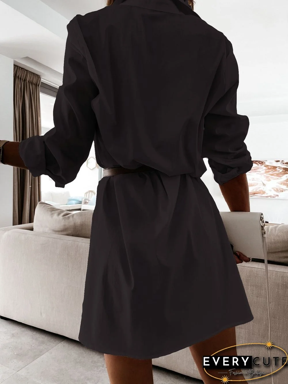 Women'S Dresses Solid Long Sleeve Slit Shirt Dress