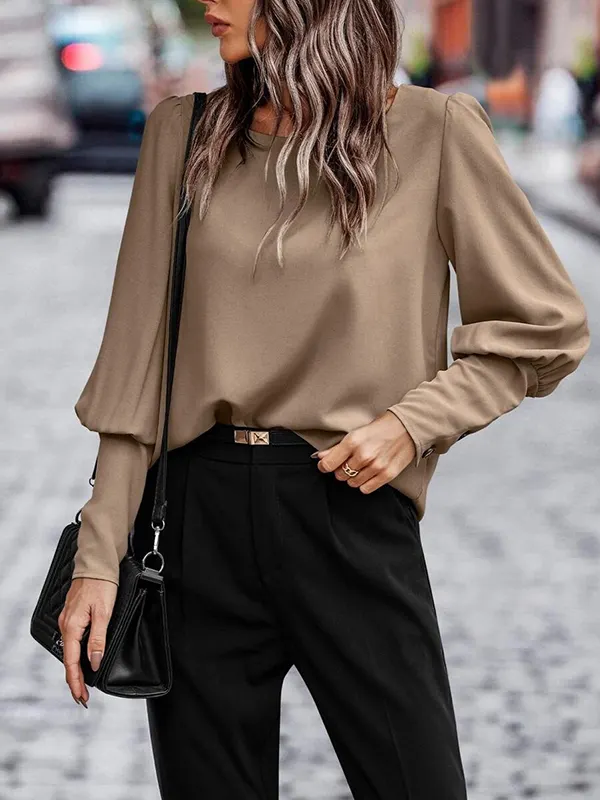 Buttoned Puff Sleeves Loose Round-neck Blouses&shirts Tops DEEP COFFEE-XL