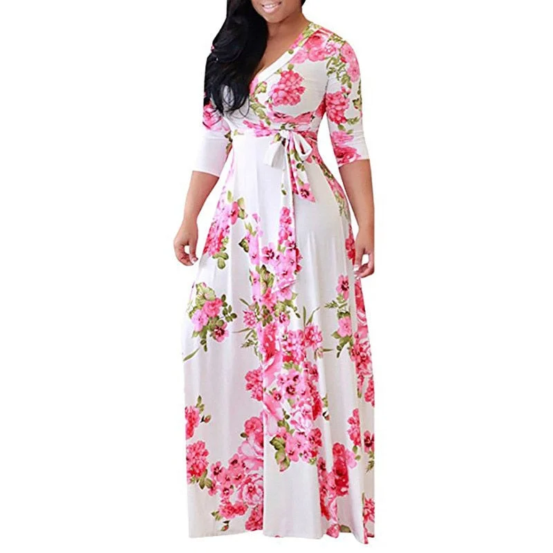 Plus size S-5XL Elegant Women Robe Summer Printed Maxi Dress Fashion Sexy Boho Dress Tighten Waist Long Dresses Vestidos A2400