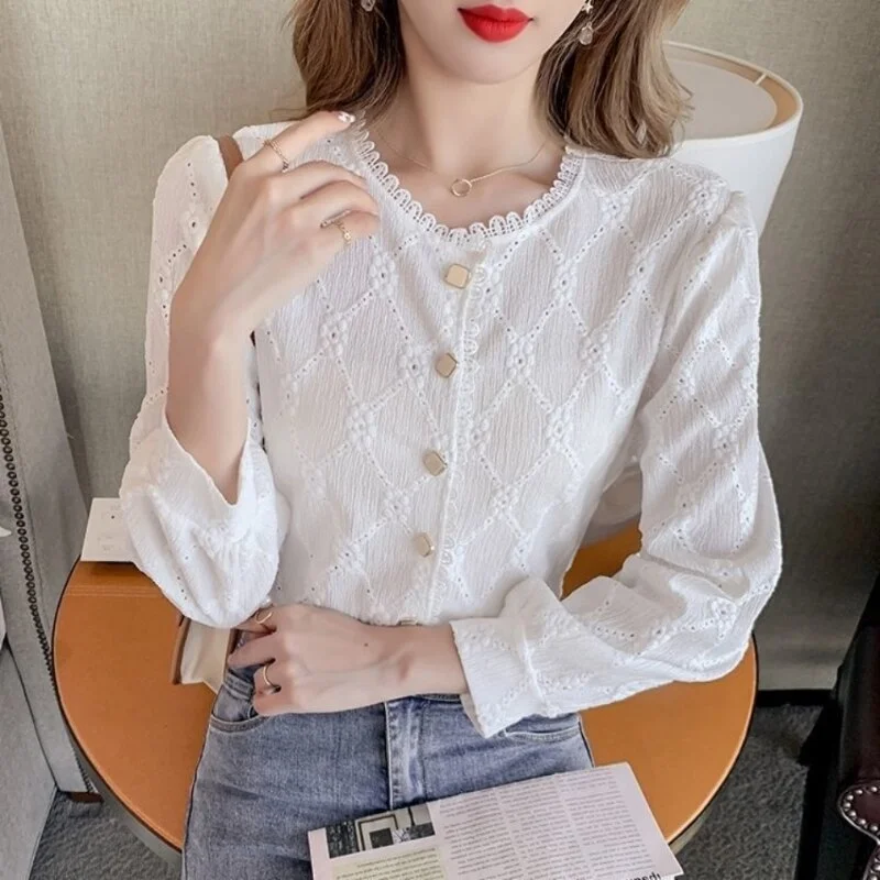 Jangj Summer New Fashion Lace Shirt French Vintage Shirts Round Neck Long Sleeve Casual Blouse for Female Korean Style Clothing