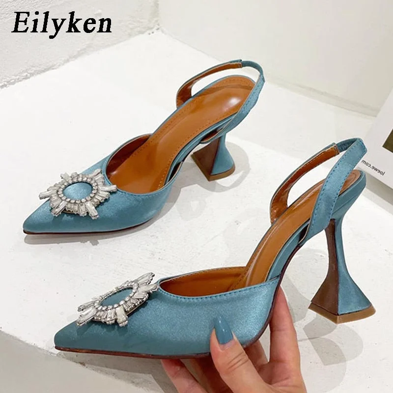 Eilyken 2022 Brand Women Pumps Fashion Crystal Slingback High heels Summer Comfortable Triangle Heeled Party Wedding Bride Shoes