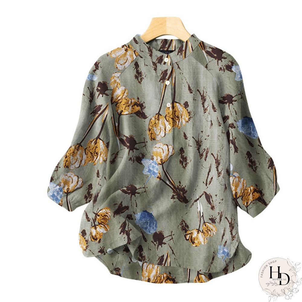 Womens Vintage Cotton Casual Loose Shirt Tee Floral Printed Tops Blouse T-Shirts Plus Size