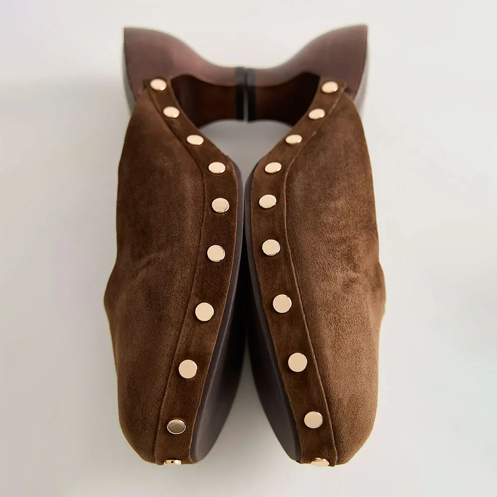 Brown Vegan Suede Round Toe Studded Spool Heel Mules Shoes