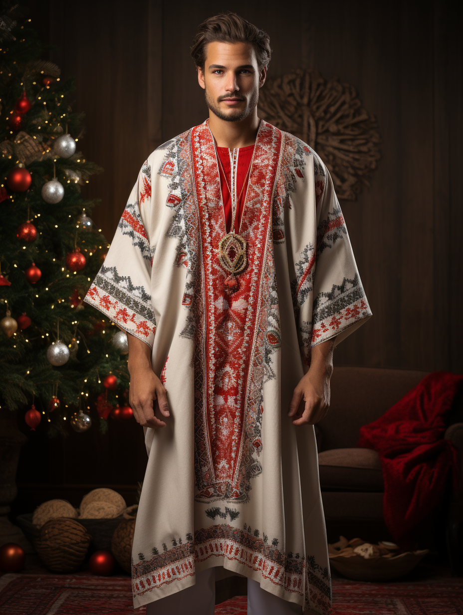 Red Ethnic Chirsmas V-neck Men Kaftan Long Caftan