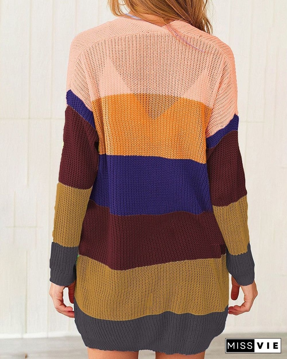 Striped Print Colorblock Pocket Design Long Sleeve Cardigan