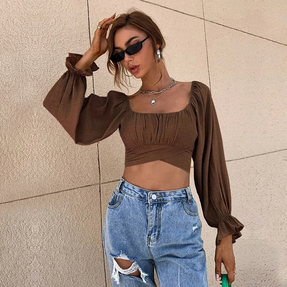 Graduation Dress Sonicelife Women Long Sleeve Ruched Crop Top Square Neck Ultra Short T Shirt Basic Solid Casual Bandage Top Autumn Lady Crop Tees