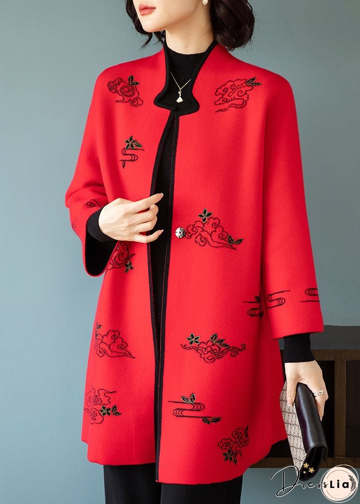 Red Embroideried Stand Collar Patchwork Wool Coats Stand Collar Long Sleeve
