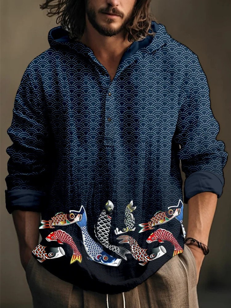 Japanese Koinobori & Waves Pattern Linen Blend Hooded Shirt
